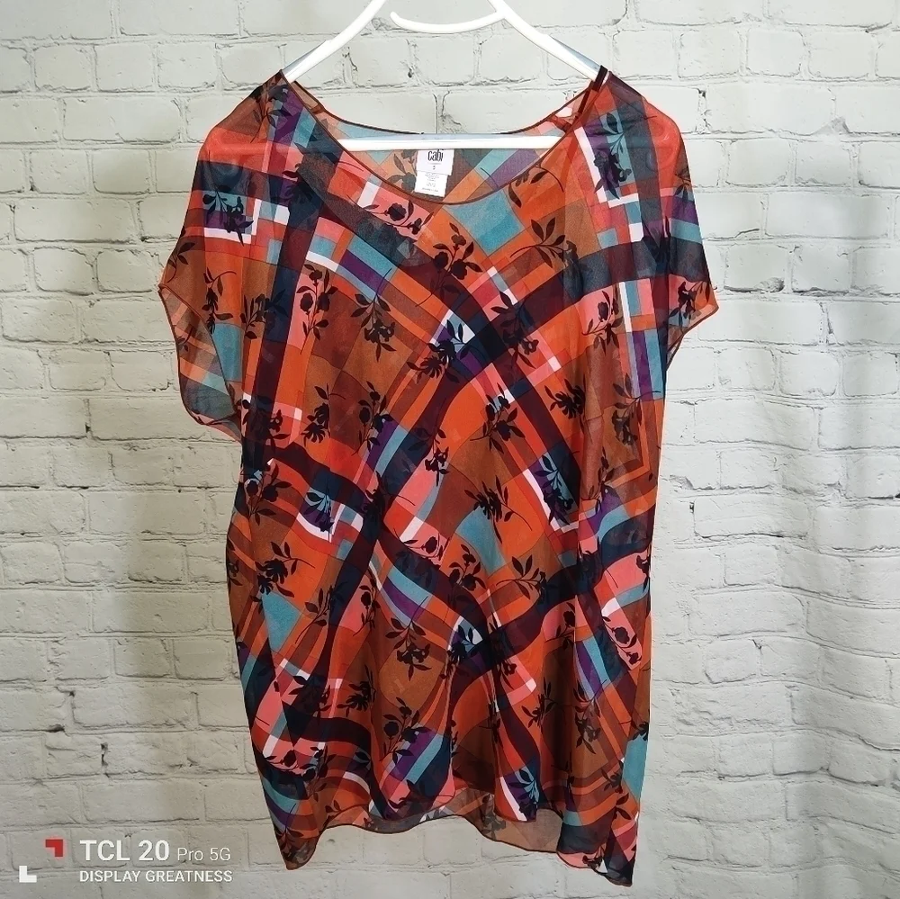 CAbi Women Lattice Top Sz S Zadie Flower Check Style 3773 Cami Semi Sheer Plaid - Picture 3 of 8